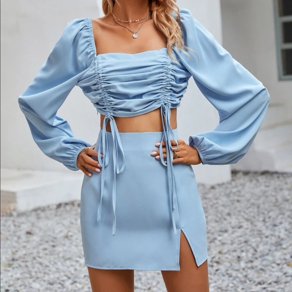 Drawstring Front Square Neck Crop Top & Skirt - image 2